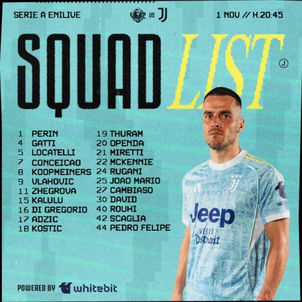 尤文联赛大名单：DV9、卡卢卢、凯夫伦-图拉姆在列，伊尔迪兹缺阵