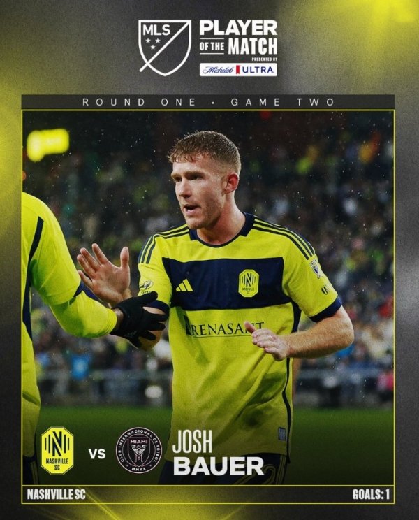 扫射破门，官方：乔什-鲍尔当选纳什维尔2-1迈阿密国外全场最好
