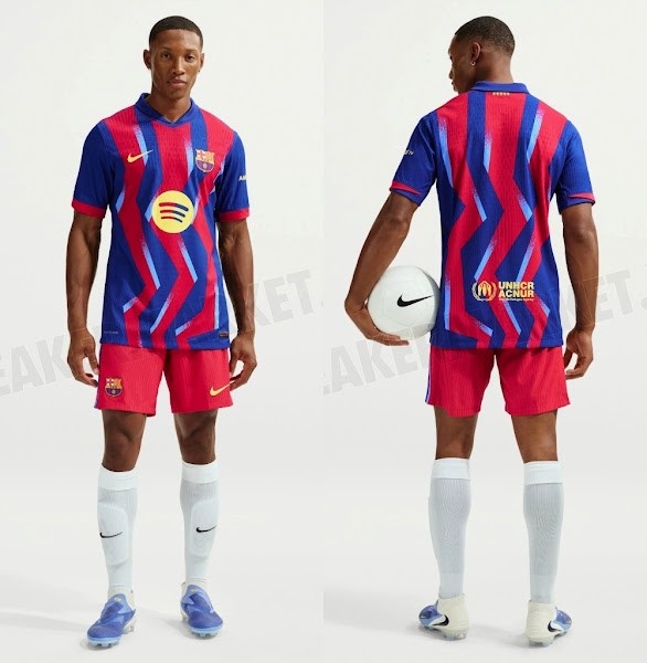 巴萨本赛季国度德比第四球衣谍照：锯齿形条纹转头2005年国度德比